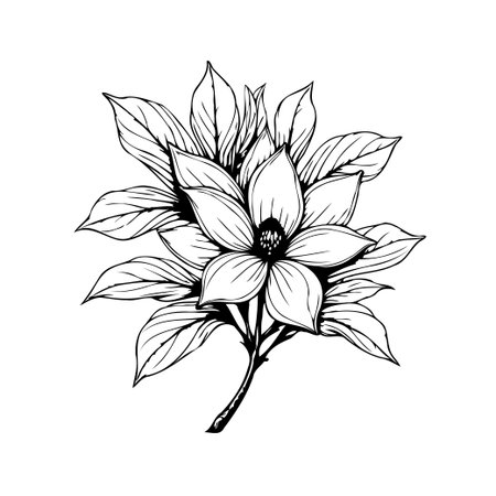 A beautiful hand-drawn flower surrounded by stylized leaves offers a timeless design element. The clean lines and delicate details create a sense of sophistication and natural elegance, perfect forのイラスト素材
