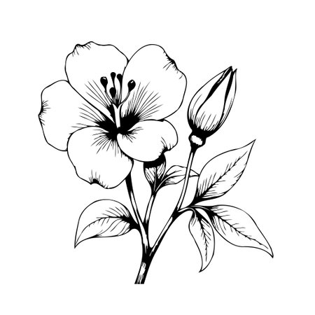 A delicate botanical illustration showcasing a flower in full bloom alongside a tightly closed bud. The line art style emphasizes the intricate details of the petals, leaves, and stem, creating aのイラスト素材