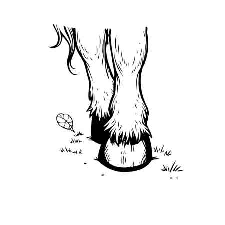 An artistic monochrome depiction of a horse's leg and hoof standing on grassy ground, with a single leaf nearby. This drawing style offers a glimpse into rural life showcasing the nature, strength,のイラスト素材