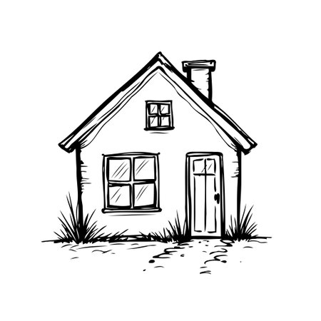 Simple monochromatic drawing of a house, with a rustic and comforting appeal. Emphasizes a hand-drawn aesthetic, evoking feelings of serenity. Ideal for projects needing a touch of peacefulness, aのイラスト素材