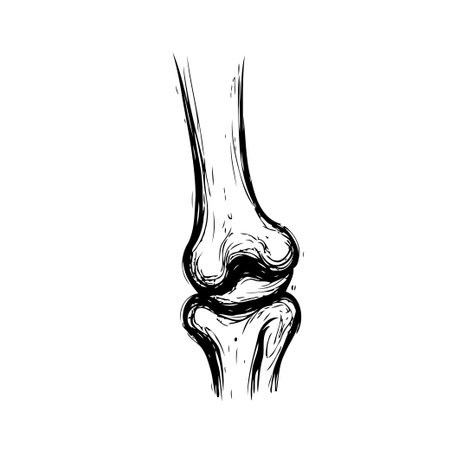 Detailed hand drawn illustration of a knee joint emphasizing anatomical skeletal structure for medical educational purposes depicting joint components and musculoskeletal connections providingのイラスト素材