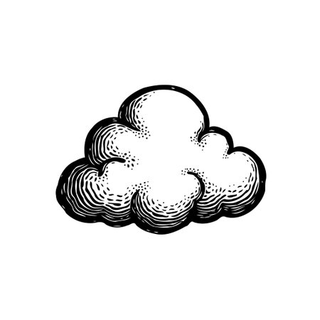 Detailed illustration of a stylized cloud, rendered with meticulous hatching and shading to give a vintage engraved aesthetic. Evokes feelings of imagination and whimsy, it is suitable for use as aのイラスト素材