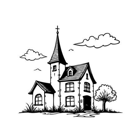 Detailed black and white sketch of a charming church, complete with a tall steeple and nestled within a serene landscape. The illustration captures the essence of a peaceful, rural setting, evokingのイラスト素材