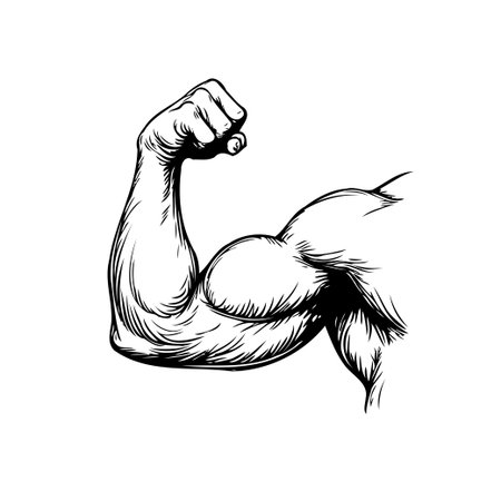This image features a detailed illustration of a muscular arm in a flexed position, representing strength, fitness, and physical prowess. The monochrome design emphasizes the contours and definitionのイラスト素材