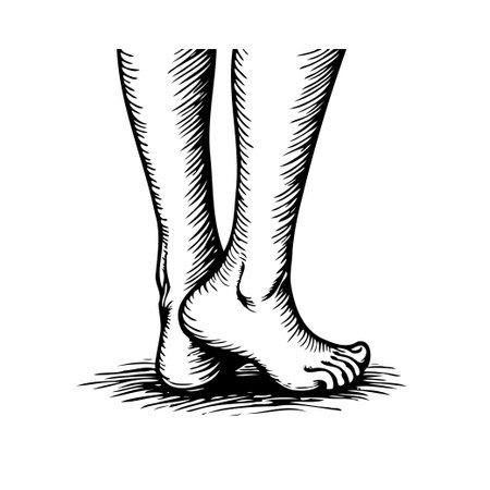 A detailed monochrome engraving portrays the lower legs and feet, emphasizing anatomical details with precise line work and shading. The artwork captures a standing figure barefoot, highlighting theのイラスト素材