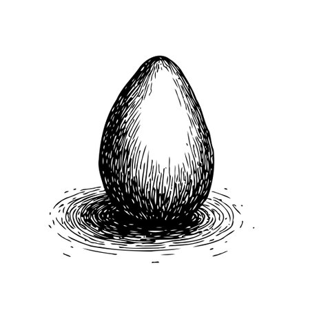 A meticulously hand-drawn illustration showcases a single egg gracefully perched upon a faintly textured circular platform. The monochrome design emphasizes minimalist elegance, utilizing hatchingのイラスト素材