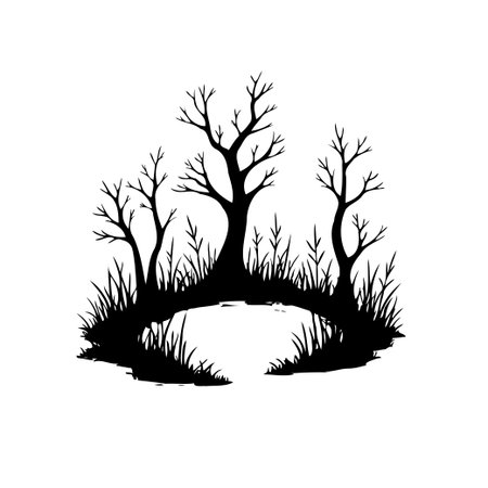 Monochrome silhouette portrayal of trees and vegetation, graphic design showcasing nature's essence. Evokes a mood reminiscent of autumn, emphasizing organic forms and the transition of seasons in aのイラスト素材