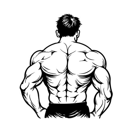 This illustration captures the impressive physique of a bodybuilder from the back, highlighting muscle definition and overall strength. Ideal for fitness-related content or athletic designs, itのイラスト素材