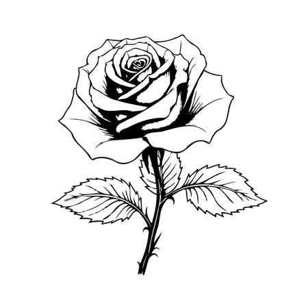 A meticulously crafted monochrome rose illustration captures the essence of floral beauty through detailed petal layering and a well-defined botanical structure. This elegant design lends itselfのイラスト素材
