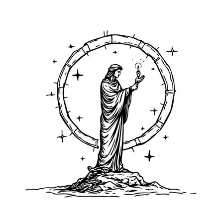 An evocative ink drawing showing a robed figure with a light in hand, standing on a rocky surface. A symbolic celestial halo surrounds them, with scattered stars suggesting a cosmic presence. Theのイラスト素材