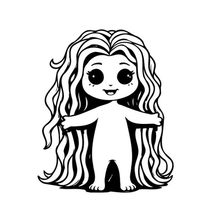 A delightful character illustration featuring a cute chibi girl with voluminous, wavy hair. Her joyful expression and outstretched arms invite warmth and positivity, making it perfect for children'sのイラスト素材