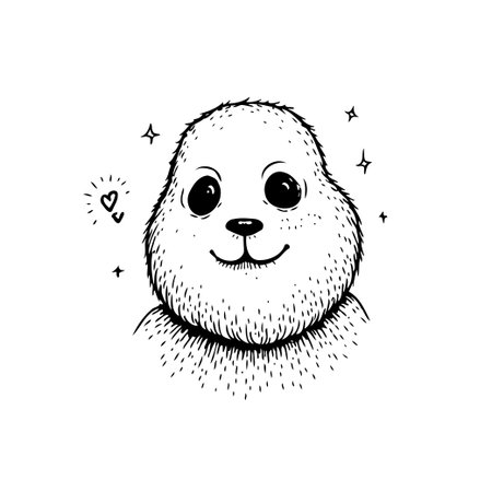 A minimalist black and white sketch of a furry cartoon creature. The illustration is both simple and captivating, radiating joy and innocence. With sparkling accents and a gentle expression, thisのイラスト素材