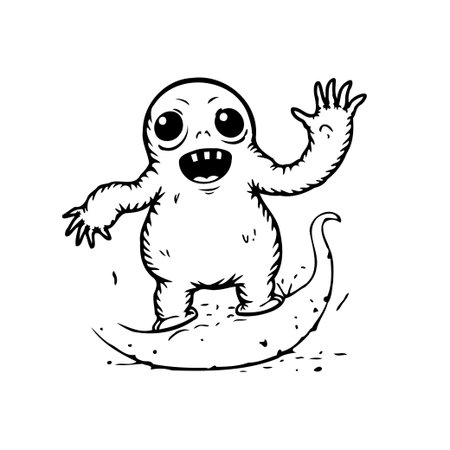 A delightful and whimsical illustration features a friendly monster character joyfully embarking on a cosmic journey, standing happily on a crescent moon, radiating playfulness, and invitingのイラスト素材