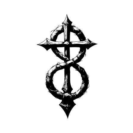 This striking monochrome image features an intricately designed emblem combining a gothic cross and a serpentine-like shape. The twisted and intertwined elements suggest a theme of duality, blendingのイラスト素材