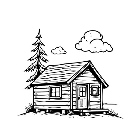 This illustration showcases a charming woodland cabin, perfect for conveying a sense of rustic tranquility and peaceful escapes into nature. The simple yet detailed sketch invites the viewer toのイラスト素材