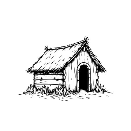 Rustic dwelling showcased in a black and white sketch, featuring a thatched roof and wooden construction. The illustration highlights a quaint cabin nestled amidst grass, evoking a sense of simpleのイラスト素材