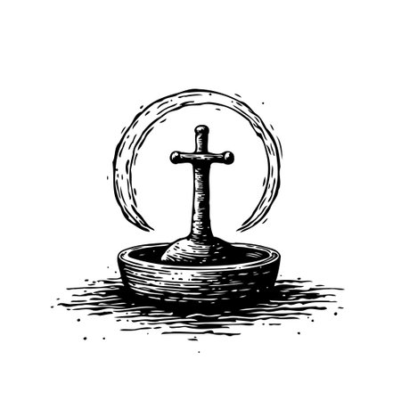 A monochrome depiction showcasing a Christian cross rising from a simple basin, encircled by a celestial halo. The artwork features a graphic style with detailed lines, evoking a sense of vintageのイラスト素材