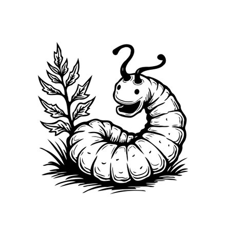 A charming illustration showcases a delightful caterpillar beside a leafy plant. The black and white...