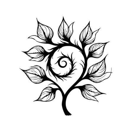 A captivating botanical illustration showcasing a central spiral design with beautifully detailed leaves and branches. This artwork evokes the essence of nature, meticulously rendered to provide aのイラスト素材