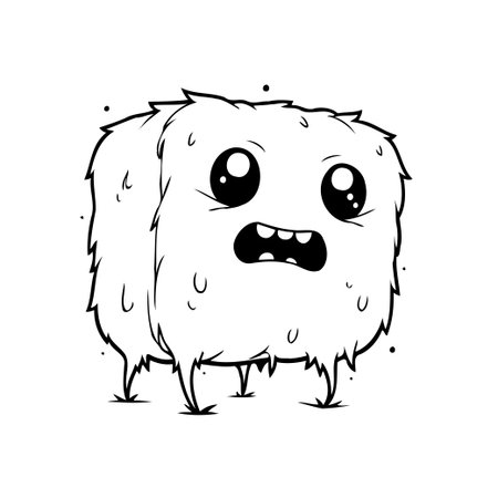 A whimsical black and white illustration featuring a fluffy cube character. This delightful design showcases expressive eyes and a quirky toothy grin, creating a playful and adorable artworkのイラスト素材