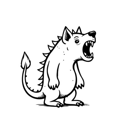 A unique black and white illustration showcases a spiky creature with a wide open mouth in a cartoon style. The illustration is isolated, and depicts the creature in a stylized manner, conveying aのイラスト素材