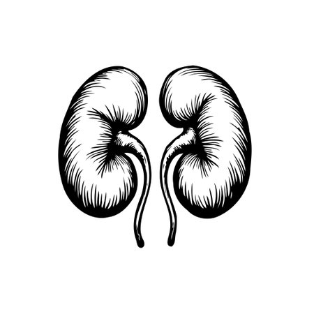 A detailed monochrome illustration showcases human kidneys, highlighting their anatomical features...