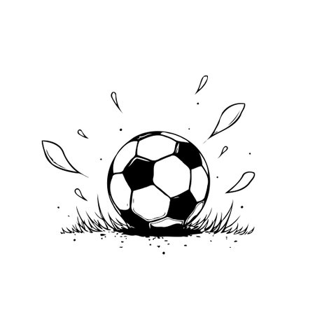 A dynamic monochrome illustration captures the essence of soccer, showing a ball with stylized movement and energy. The graphic design features an emphasis on simple yet powerful visualのイラスト素材