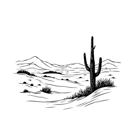 Monochromatic vector illustration showcasing a solitary cactus standing tall in a desert landscape. The scene evokes a sense of tranquility, with rolling hills fading into the distance. This graphicのイラスト素材
