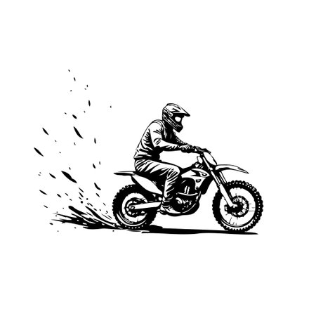 A striking silhouette image showcases a motocross rider engaged in high-speed performance. The artwork captures the excitement and energy of the sport, emphasizing the rider's skill and courageのイラスト素材