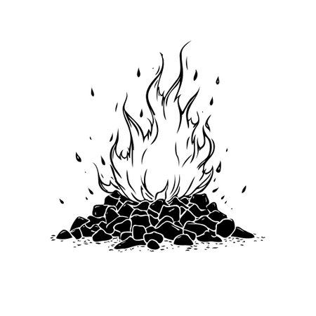 An evocative monochromatic illustration capturing the essence of fire, depicting bright and dynamic flames rising above a rugged pile of charcoal embers and burning logs. This image embodies warmth,のイラスト素材
