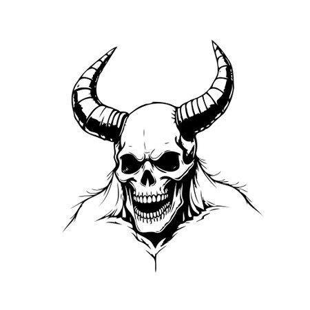 A meticulously crafted illustration displaying a skull adorned with menacing horns evokes dark fantasy themes with a gothic sensibility. The detailed linework and monochrome palette enhance theのイラスト素材