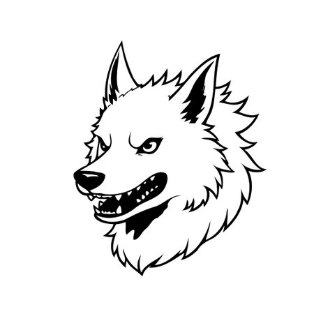 Detailed monochrome illustration of a snarling wolf head, embodying fierceness and strength. The...