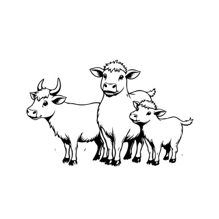 An enchanting outline illustration capturing a family of cows, portraying the essence of rural life. The depiction showcases the beauty of domestic animal bonds and idyllic settings, with monochromeのイラスト素材