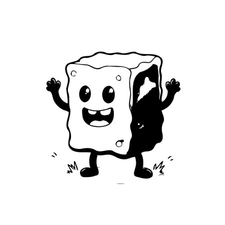 This charming illustrative image showcases a cheerful cartoon cube character with an adorable face. Its minimalist design and monochromatic palette evoke a sense of playful joy. This versatileのイラスト素材