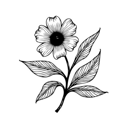 An elegant and detailed floral illustration features a blooming flower with intricate line work and graceful leafy stems. This botanical drawing has a simple, monochrome aesthetic, making it perfectのイラスト素材