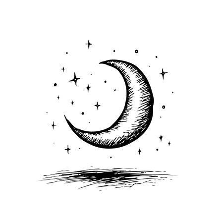 An evocative drawing featuring a crescent moon surrounded by twinkling stars. This simple illustration evokes a sense of wonder, magic, and tranquility perfect for adding a touch of cosmic charm toのイラスト素材