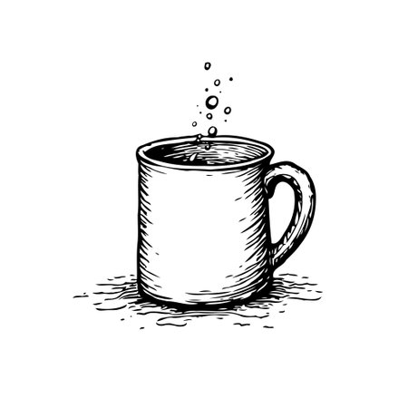 A delicate monochrome sketch depicts a mug filled to the brim, with small bubbles and steam gently rising, creating a sense of warmth and relaxation. The minimalist design focuses on clean lines andのイラスト素材