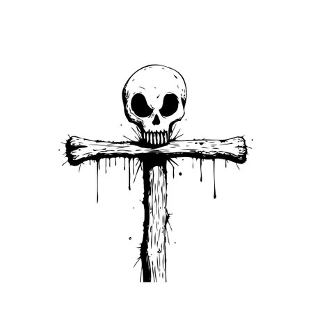 A monochrome illustration presenting a stark skull atop a bone cross dripping with dark matter, creating an image that is macabre and thought-provoking, it explores themes of mortality, symbolizingのイラスト素材