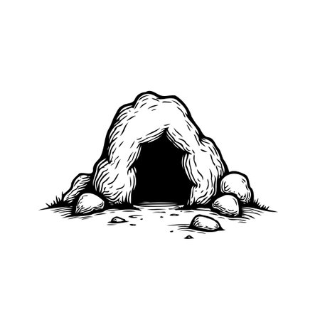 A simple, monochromatic illustration depicts the entrance to a cave or burrow. Rocks surround the opening, adding depth and texture to the scene. The image evokes a sense of natural shelter andのイラスト素材