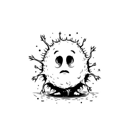 A simplistic monochrome illustration features a globular shape with a somber face. Radiating elements project outward from this sphere, creating a sense of isolation and melancholy. The art evokes aのイラスト素材