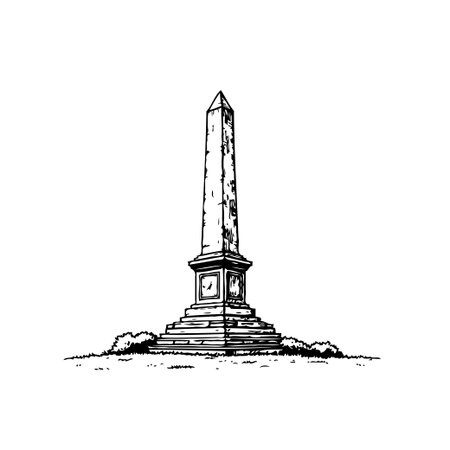 A monochrome sketch displays an obelisk standing tall on an elevated stone platform surrounded by small shrubs. The drawing captures the memorial's architectural design with a focus on line work andのイラスト素材