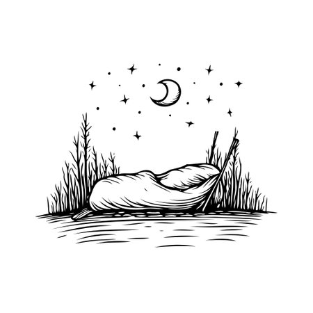 A minimalist illustration depicts a serene waterside scene at night, featuring a boat resting beneath a crescent moon and twinkling stars. The monochrome artwork evokes a sense of tranquility andのイラスト素材