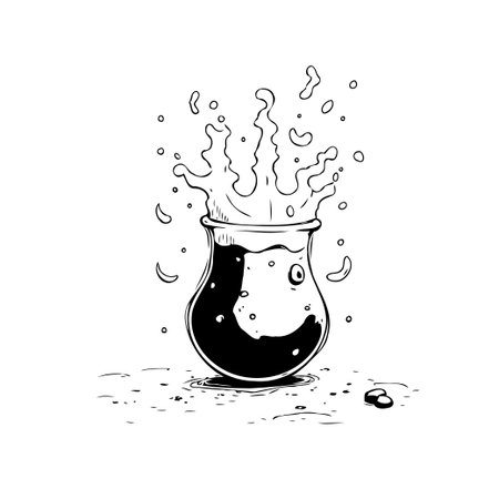 Stylized beaker illustration with dark liquid inside. The liquid is splashing out of the beaker, creating dynamic and visually appealing image. Perfect for use in science or chemistry-themedのイラスト素材