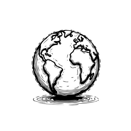 A hand-drawn illustration showcases the Earth as a globe with visible continents and oceans. The sketchy style and careful rendering create a blend of geographic accuracy and artistic impressionのイラスト素材