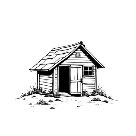 Detailed hand drawn illustration of a simple wooden shed, featuring an open door and rural architecture. The monochrome design captures a rustic, vintage feel, perfect for design or graphicのイラスト素材