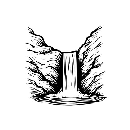 A monochrome illustration portrays a tranquil waterfall cascading between rugged rocky cliffs. The vector graphic emphasizes the natural beauty of the environment, showcasing a sense of peace andのイラスト素材