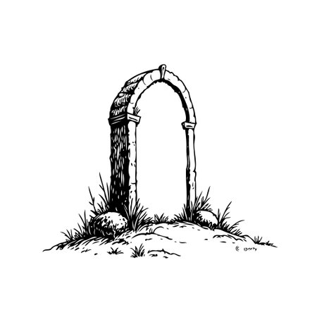 An elegant monochrome illustration depicts an old weathered stone archway situated on a gentle grassy knoll, symbolizing the timelessness and enduring strength of architectural heritage. Theのイラスト素材