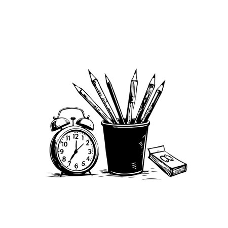 A monochrome illustration featuring an old-fashioned alarm clock alongside a collection of pencils held in a container with a box, suggesting a focus on artistry, precision, the passage of time, andのイラスト素材