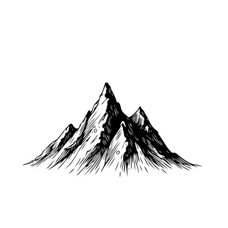 Detailed monochrome illustration depicting a rugged mountain range. The artwork showcases the peaks and slopes with artistic textures and shading. The design captures the essence of nature andのイラスト素材