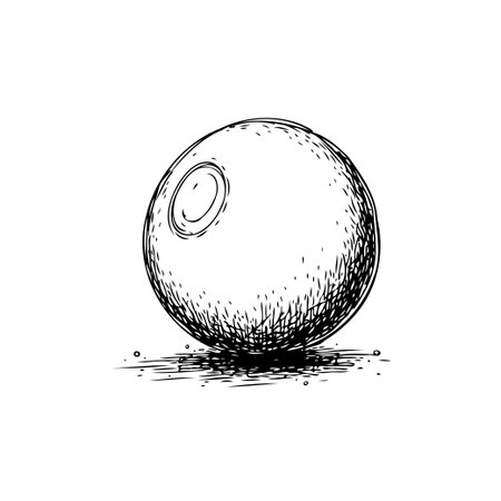 A detailed hand-drawn illustration depicts a sphere, reminiscent of a planet. The sphere features a notable indentation, possibly suggestive of a crater. The image employs hatching and engravingのイラスト素材